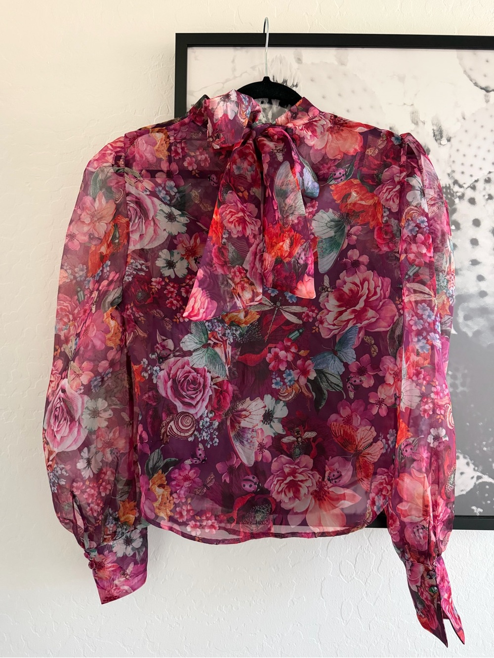 Anthropologie Organza Sheer Floral High-Neck Bow Back Blouse size Medium - Picture 5 of 13